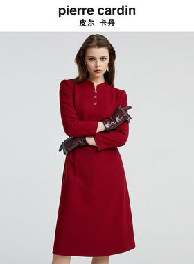 皮尔卡丹女装酒红色绵羊毛长袖小V领收腰显瘦连衣裙P4318E4915T0