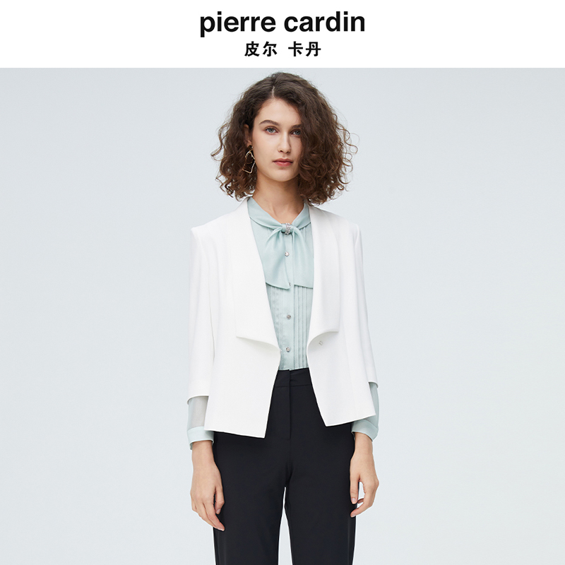 皮尔卡丹女装秋季新款纯白色长袖上衣小众设计师西服P4100U4035W0