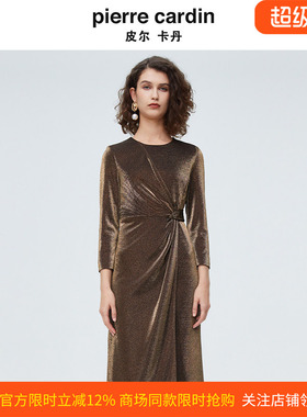 皮尔卡丹女装金色圆领长袖连衣裙气质捏褶宴会长裙P4141E4076J0