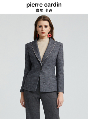 皮尔卡丹女经典一粒扣灰色绵羊毛西服上衣简约女外套P4437U4958H0