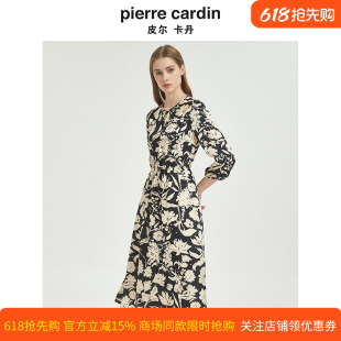 皮尔卡丹女装夏季法式莉香风浅收腰优雅印花连衣裙设计感