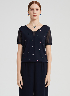 皮尔卡丹女装春季新款通勤简约淑女绣花针织衫P2299K2211N0