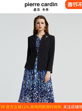 皮尔卡丹女装秋季新款纯黑色无领醋酸行政商务女西服P4332U4970B0