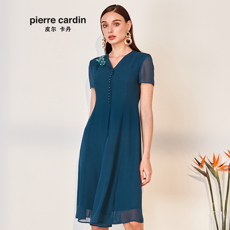 商场同款皮尔卡丹女装季新款蓝色短袖V领A字裙绣花裙子