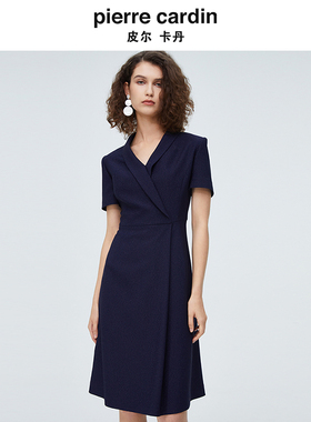 皮尔卡丹女藏蓝色戗驳领优雅干练西装连衣裙醋酸通勤裙子女夏新款