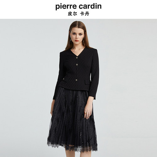 皮尔卡丹女装秋季新款V领黑色假两件长袖时尚连衣裙P4314E4980B0