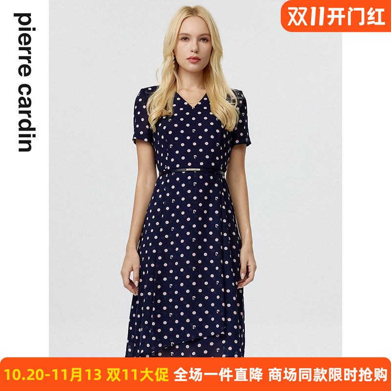 商场同款皮尔卡丹女装连衣裙藏蓝色V领波点收腰短袖碎花裙