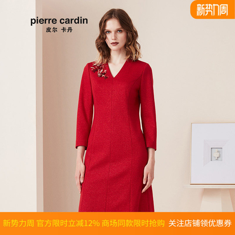 商场同款皮尔卡丹女装冬季新款红色V领长袖喜庆连衣裙时尚裙