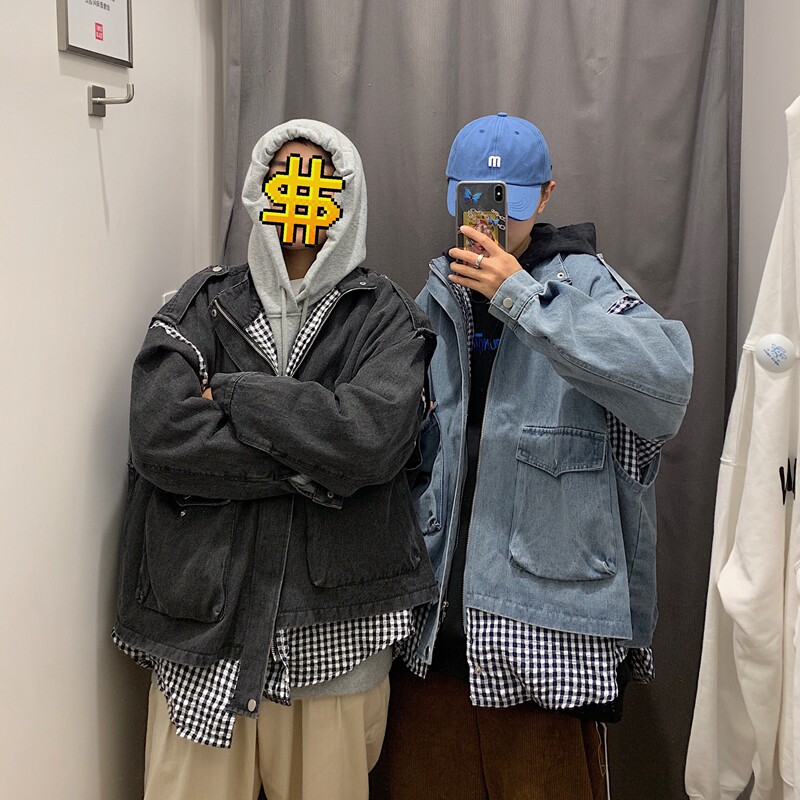 XZ216-JK31-P105 【已出货】20春新男拼格子大口袋假两件牛仔外套图片