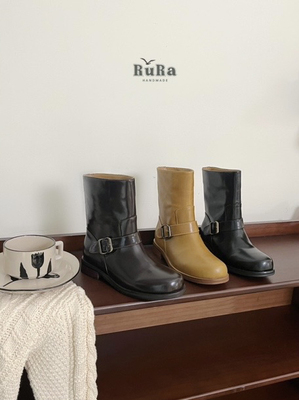 zachpeng靴子女中筒靴皮带扣方头粗跟短靴套筒骑士靴中跟短筒靴