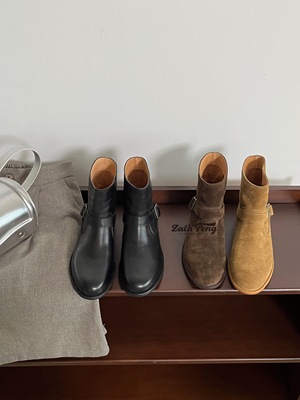 ZACHPENG真皮法式气质韩系小踝靴2025百搭咖色套筒靴切尔西小短靴