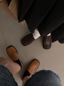 zachpeng方头丑萌真皮JK小皮鞋法式厚底复古一脚蹬乐福鞋女chic