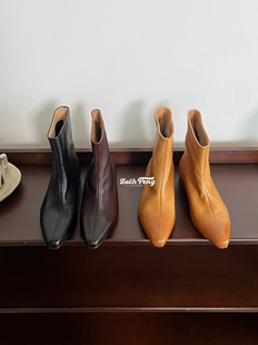 zachpeng真皮法式气质韩系小踝靴百搭咖色瘦瘦靴平底切尔西小短靴