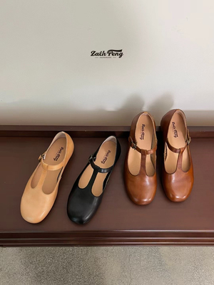 zachpeng2025春新款小众设计复古浅口平底单鞋圆头T型带玛丽珍鞋