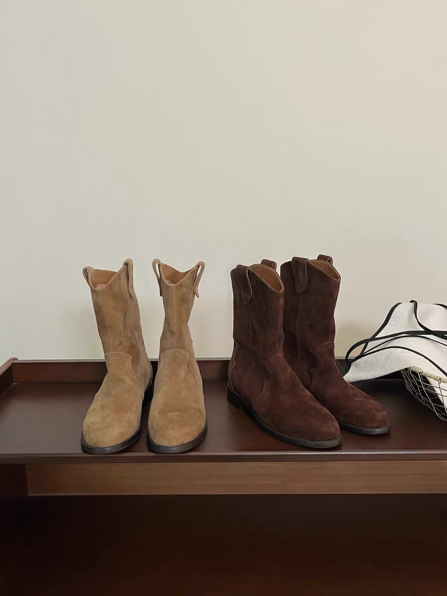 rura复古绒面中筒短靴西部牛仔靴小腿靴尖头V口半靴女中跟靴裸靴