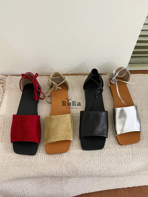 rura羊皮版韩版真皮简约绝美露趾凉鞋女夏季平底交叉绑带凉拖鞋