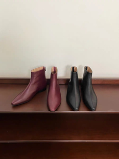 zachpeng短靴女2024年新款及踝显瘦气质名媛尖头鞋细跟低跟后拉链