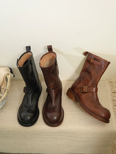 zachpeng靴子女复古擦色做旧马丁靴女英伦风圆头粗跟中筒短靴机车