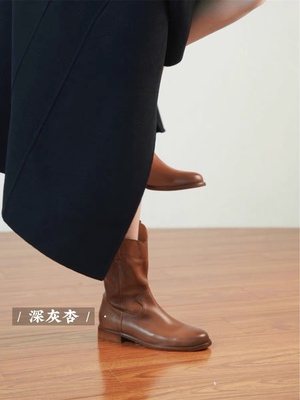 中筒粗跟短靴ZACHPENG复古