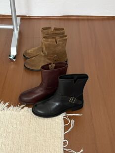 gelly真皮法式复古粗跟短靴女2025新款真皮牛皮皮带扣套筒机车靴