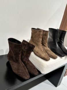 gelly复古棕色绒面韩系小踝靴瘦瘦靴2025秋冬新款套筒方头短靴女
