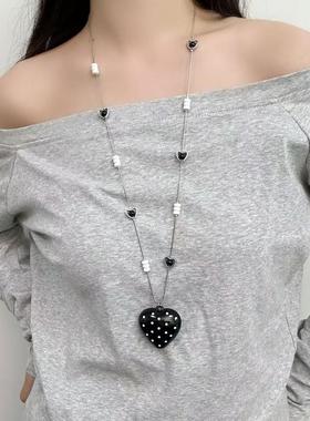 2026韩系黑色波点蝴蝶结项链个性小众设计感简约百搭长款毛衣链配