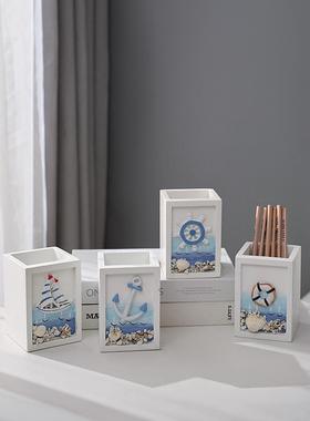 2026地中海风格创意笔筒收纳盒海洋风家居木质办公桌面装饰品摆件