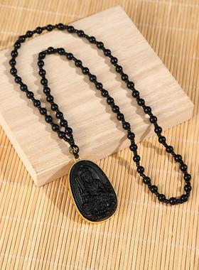 2026复古饰品挂件黑曜吊坠项链饰品观音黑曜石镶金保色款项链