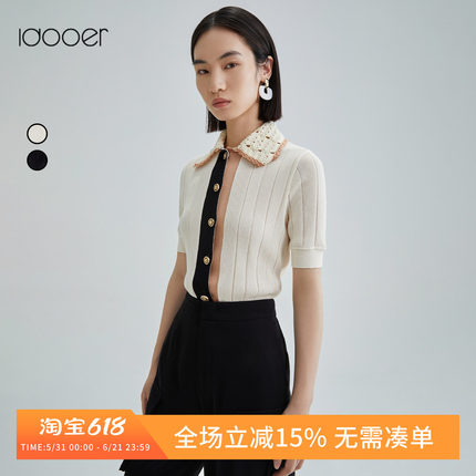 idooer手工镂空钩花领复古针织衫撞色门襟修身短袖上衣女MKMUE308