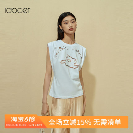 idooer夏新品绣花宽肩背心T恤兔子镂空百搭无袖上衣女MLMDB202