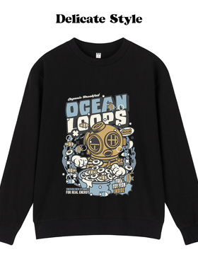 ETQFire潮牌卫衣男卡通涂鸦潜水员印花春秋宽松圆领长袖上衣情侣