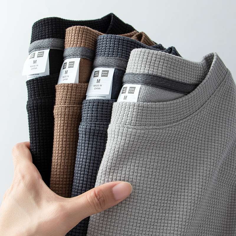 华夫格T恤男长袖春秋女纯棉