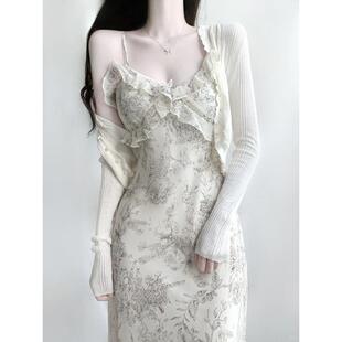 2025新款法式高级感小个子雪纺长裙碎花吊带连衣裙两件套装女夏