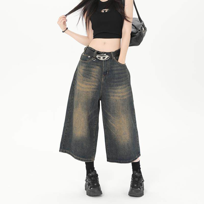 复古做旧阔腿七分牛仔裤女2025新款高腰宽松水洗垂感直筒中短裤子