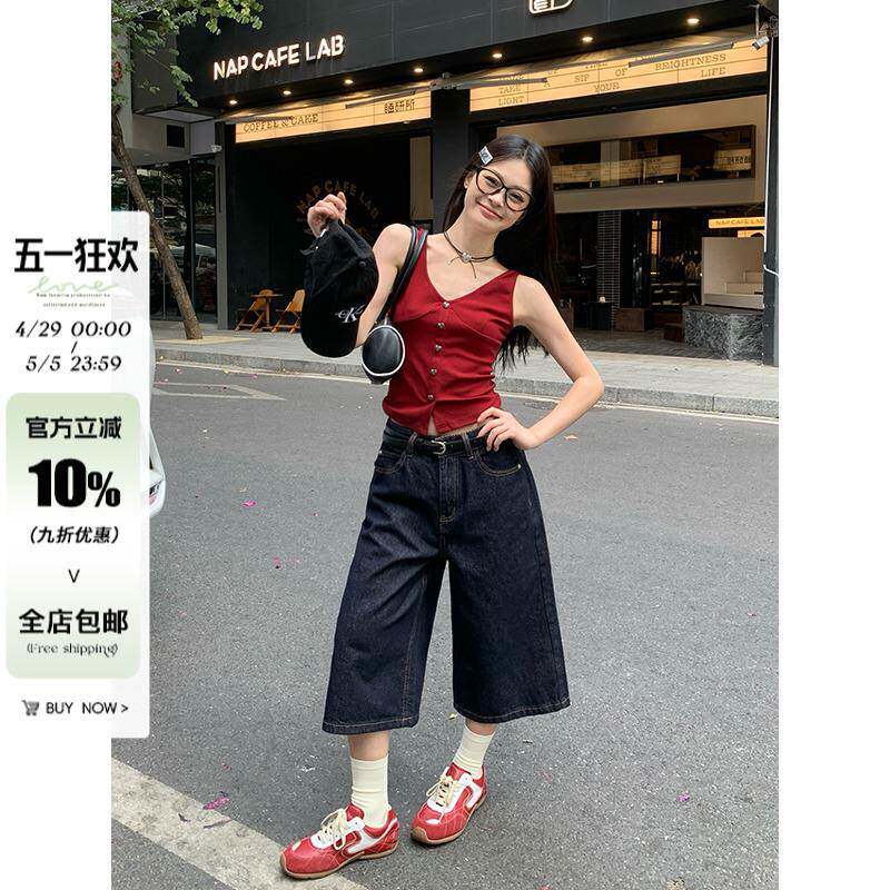 宋正恩深蓝色直筒七分裤牛仔裤女夏季美式复古宽松高腰中裤阔腿裤