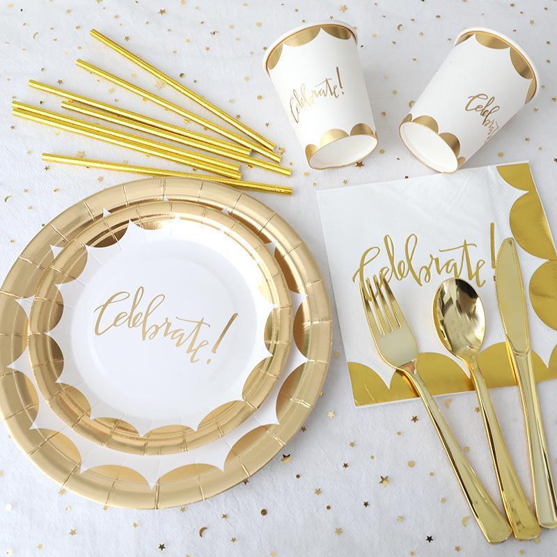 Rose Gold Birthday Disposable Tableware Sets Paper Plate Cup
