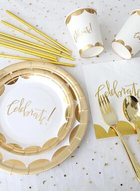 Rose Gold Birthday Disposable Tableware Sets Paper Plate Cup