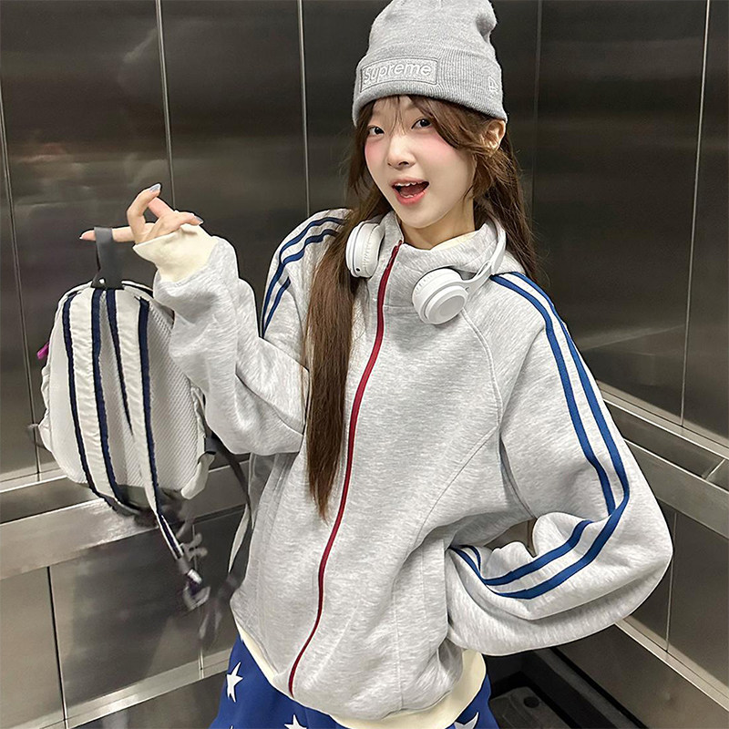 美式复古撞色条纹开衫卫衣连帽衫图片