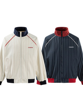 春季美式休闲立领宽松夹克宽松型青少年绣花条纹面料外套