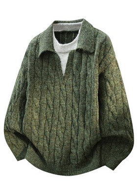 宽松型秋冬针织衫假两件长袖毛衣阔版翻领红色拜年红色青年麻花纹