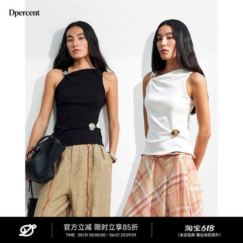 【孟佳同款】Dpercent丨可调节斜肩露肩修身金属环扣螺纹背心上衣