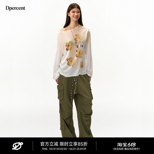 Dpercent秋黄花朵印花T恤上衣