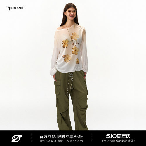 Dpercent秋黄花朵印花T恤上衣