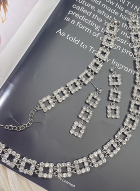 半熟恋人徐绿杨王译同款镶钻流苏几何方形项链耳环女轻奢首饰套装