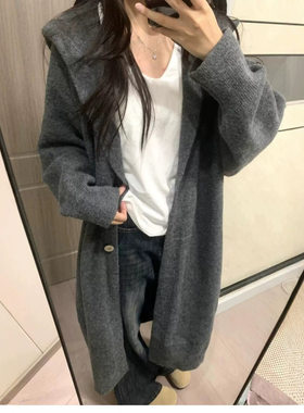 美人余余梦李一桐同款秋冬连帽长袖针织开衫过膝宽松中长款毛衣女