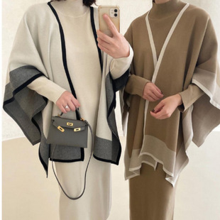 骄阳似我盛唯爱童蕾同款保暖披肩女斗篷拼色宽松+针织连衣裙套装