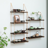 墙上置物架免打孔实木壁挂置物架装 饰架茶壶茶具收纳架多层展示架