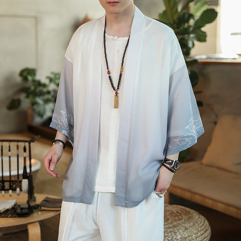 冰丝防晒衣男夏薄款外套古风道袍中国风男装开衫七分袖汉服披风衣