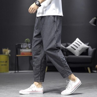 棉麻闊腿束腳哈倫九分褲 中國風(fēng)亞麻男士 唐裝 條紋寬松休閑褲 子小腳