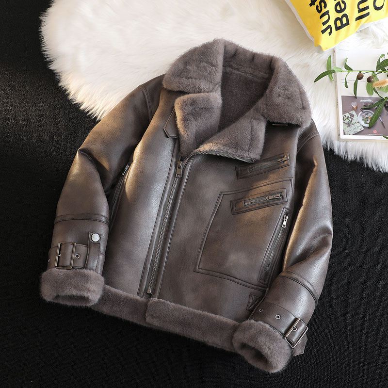 男士重工皮毛一体外套冬季保暖麂皮机车服羊羔毛棉服加厚夹克男装